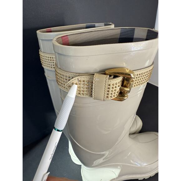 Burberry Plaid Lined Rain Boots Beige Rubber Equestrian Buckle Women’s EU 37 - Picture 12 of 16